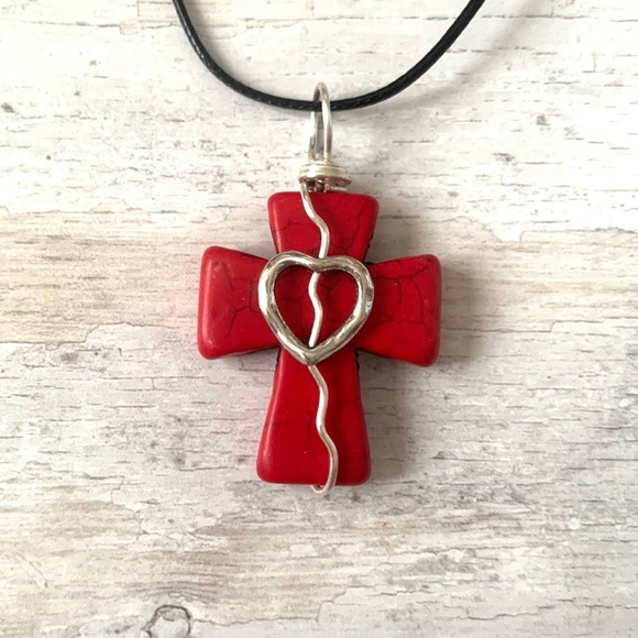 Red Stone Cross Silver Heart Necklace Womens Boutique Handmade Jewelry NEW - Picture 1 of 3